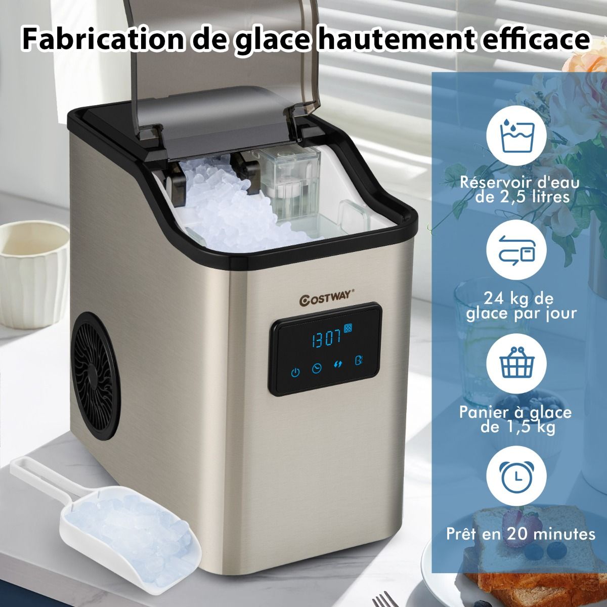 Machine à Gla?ons 24kg en 24h Panneau de Contr?le Tactile LED