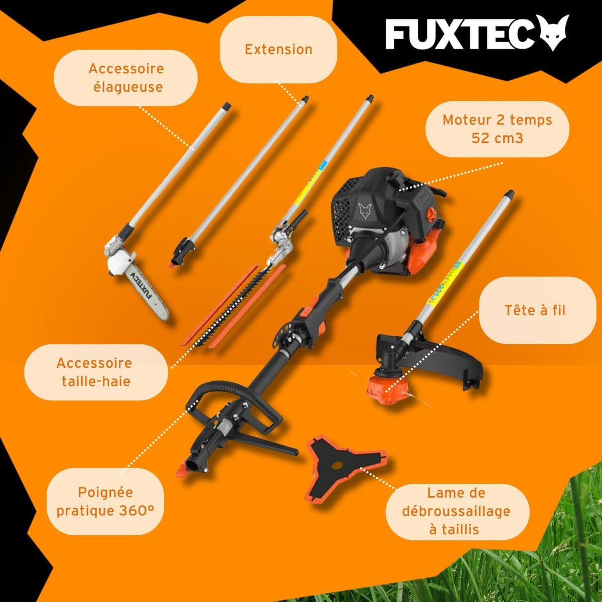 Fuxtec Débroussailleuse Thermique Multifonction 5 en 1 Multitool FX-MT152E - Easy Starter 3CV 52 cm3, Moteur 2 Temps, élagueuse Taille Haie Coupe Bordure Avec Fil ou Lame 1 Mètre Rallonge
