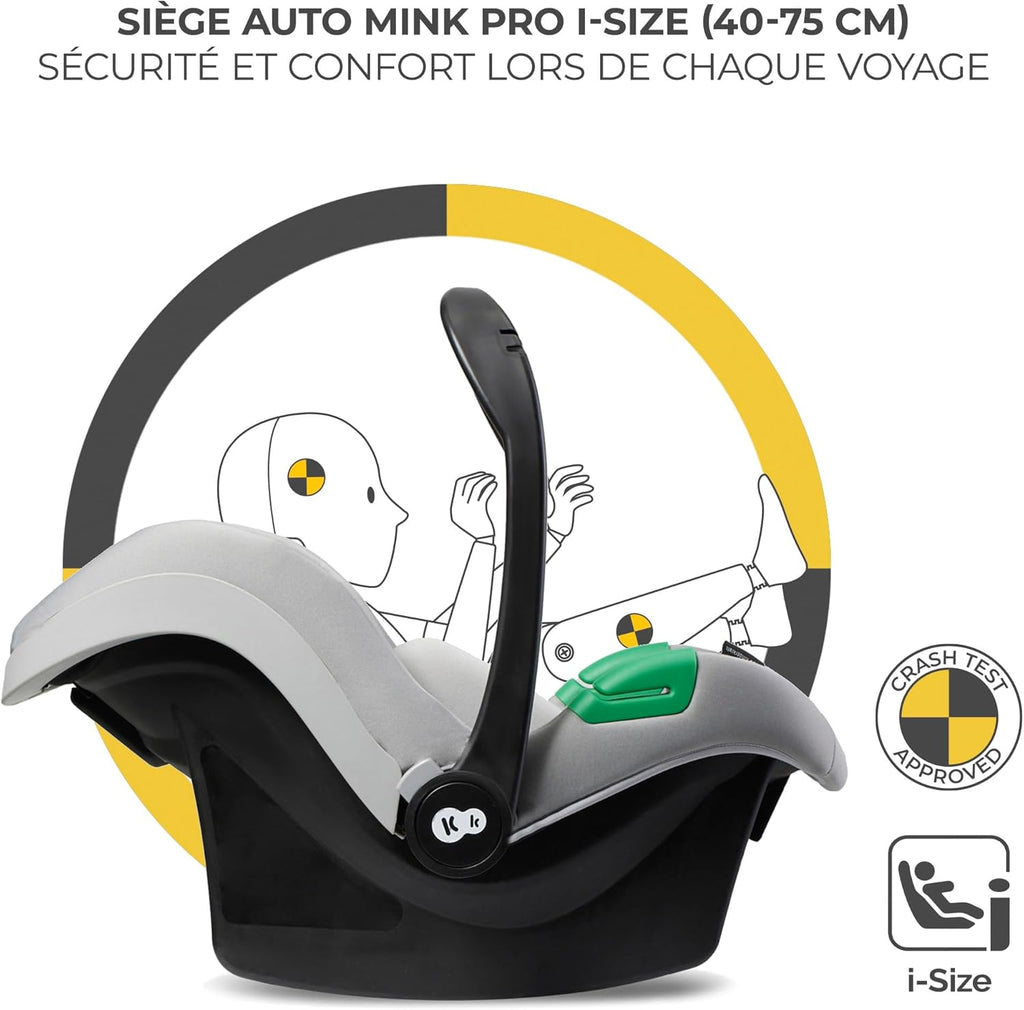 Kinderkraft MOOV2 Poussette 3 en 1, Système de voyage de la naissance à 27 kg, Siège auto Mink PRO I-Size inclus, Capote extensible avec filtre UPF50+, Accessoires pratiques, Gris