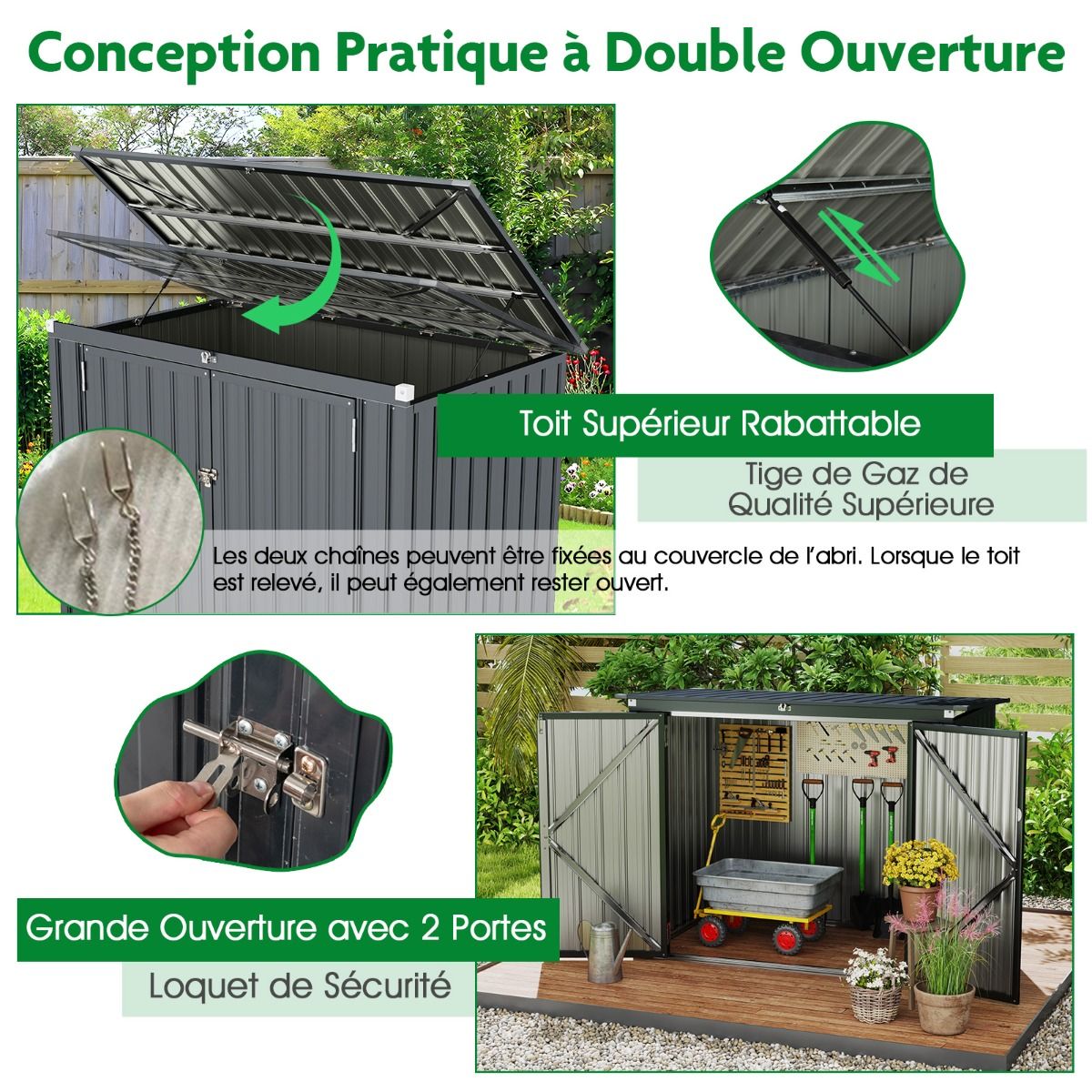 Abri de Stockage en Métal Galvanisé pour Poubelles Extérieur Abri de Jardin Verrouillable avec Toit Ouvert 2 Portes 172X95,5X130CM Gris
