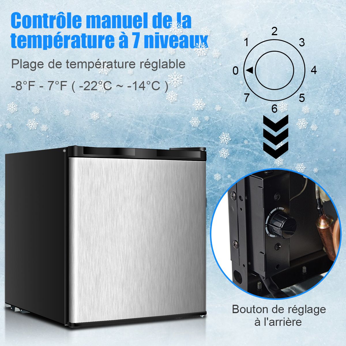 Mini Congélateur Vertical Capacité 31,1 L Porte Réversible en Acier Inoxydable Contr?le Mécanique Température Réglable