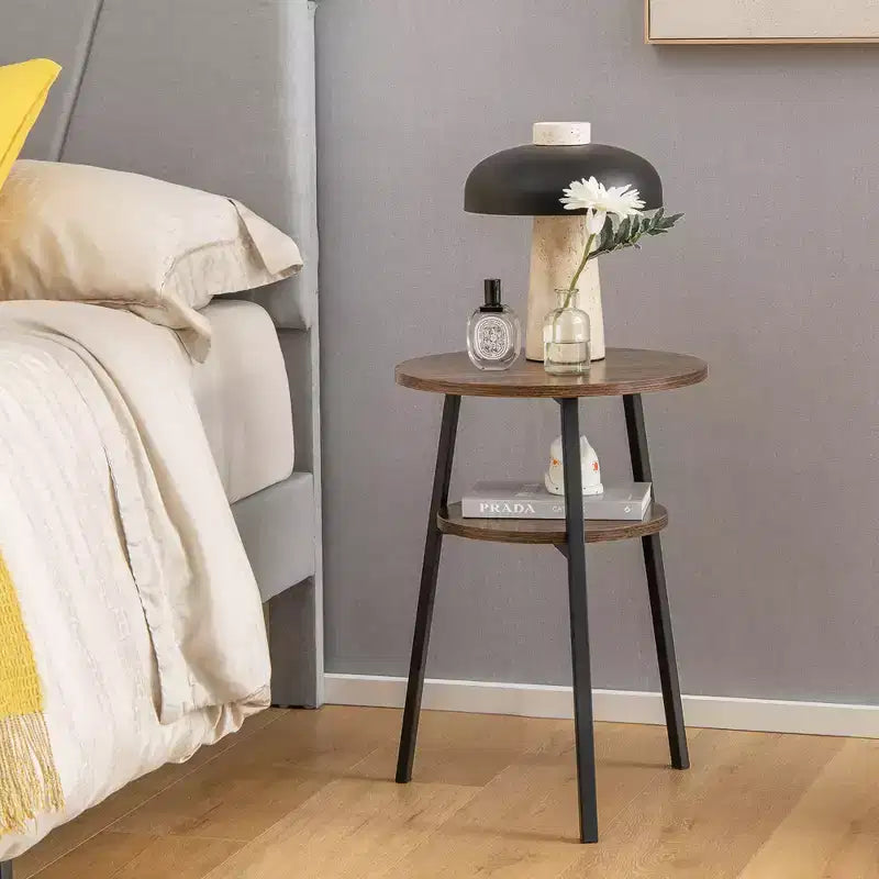 2 STÜCK, runder Nachttisch mit 2 Ablagen für Schlafzimmer und Wohnzimmer, Braun/Walnuss