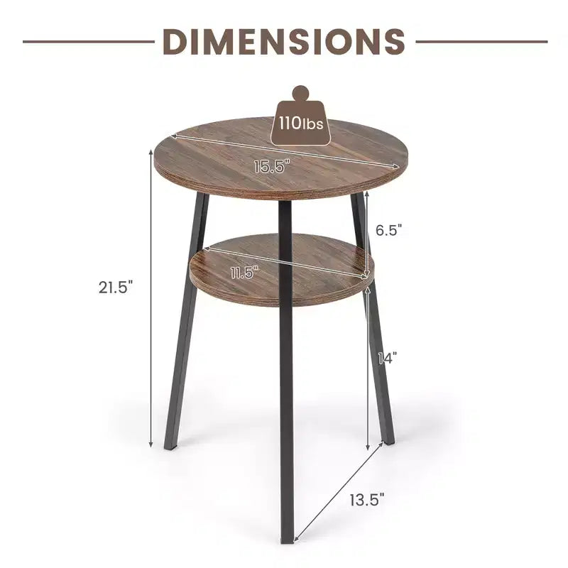 2 STÜCK, runder Nachttisch mit 2 Ablagen für Schlafzimmer und Wohnzimmer, Braun/Walnuss