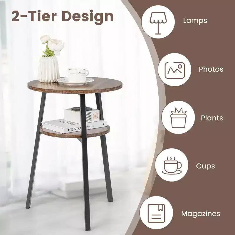 2 STÜCK, runder Nachttisch mit 2 Ablagen für Schlafzimmer und Wohnzimmer, Braun/Walnuss