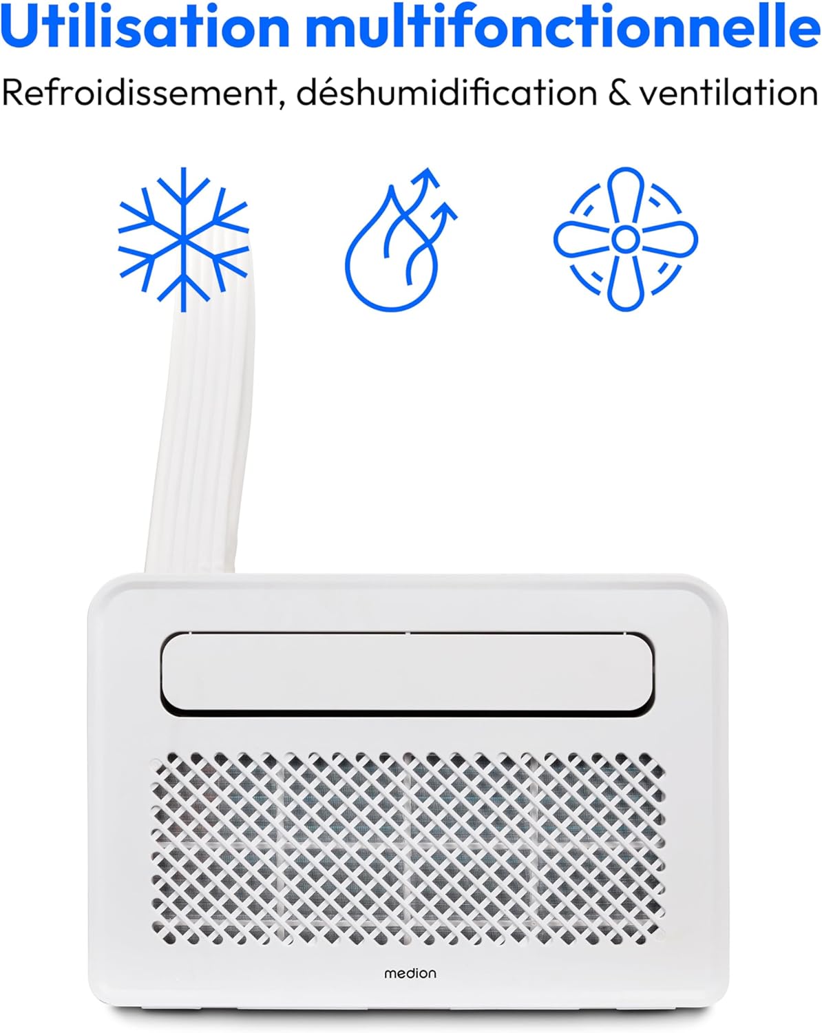 MEDION Smart Climatiseur Split P502 (5000 BTU, 3-en-1, Refroidir, Déshumidification, Ventilation, pour caravane, camping-car, kit de joint de fenêtre, mode sommeil, contr?le Wifi, écran, MD 37735)