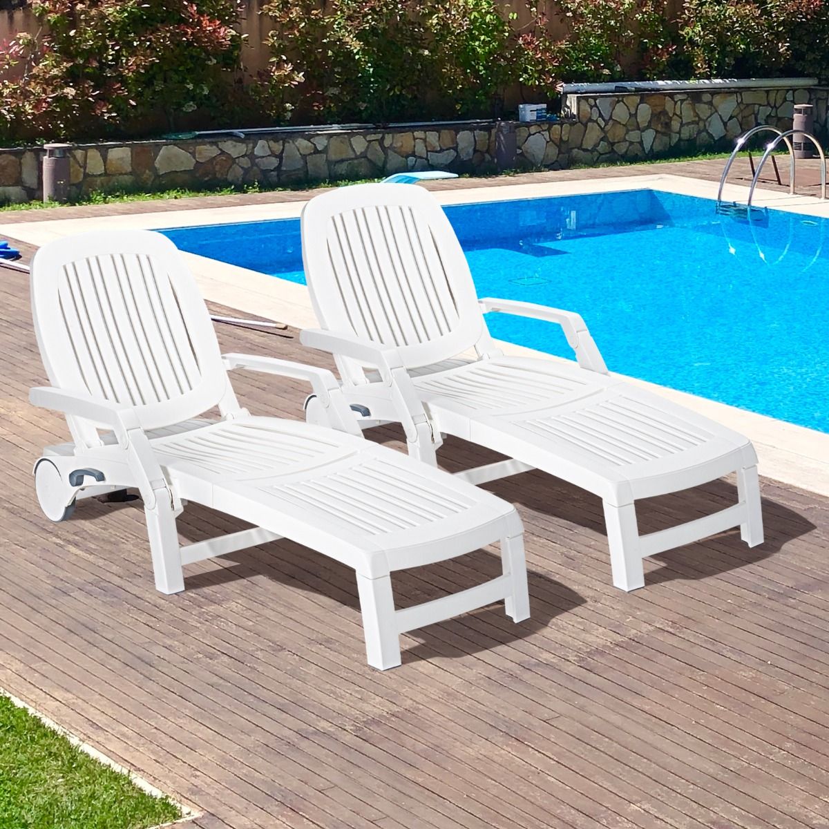 Chaise Longue Inclinable Réglable à 5 Positions avec Roues Flexibles Fauteuil Relax de Camping avec Bo?te de Rangement Charge 150KG Blanc