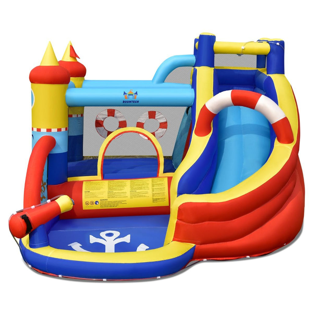 Chateau Gonflable Style Bateau avec Toboggan Incurvé Zone de Saut Mur d'Escalade avec Gonfleur 450 W