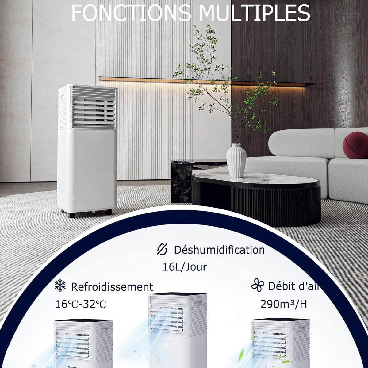 GOPLUS Climatiseur Mobile 9000BTU 2,6kW, Climatiseur 4 en 1 Fonction de Refroidissement, Déshumidification, Ventilation, Mode Nuit, Minuterie 24H, Contr?le Télécommande/écran, 20©O, Noir, R290