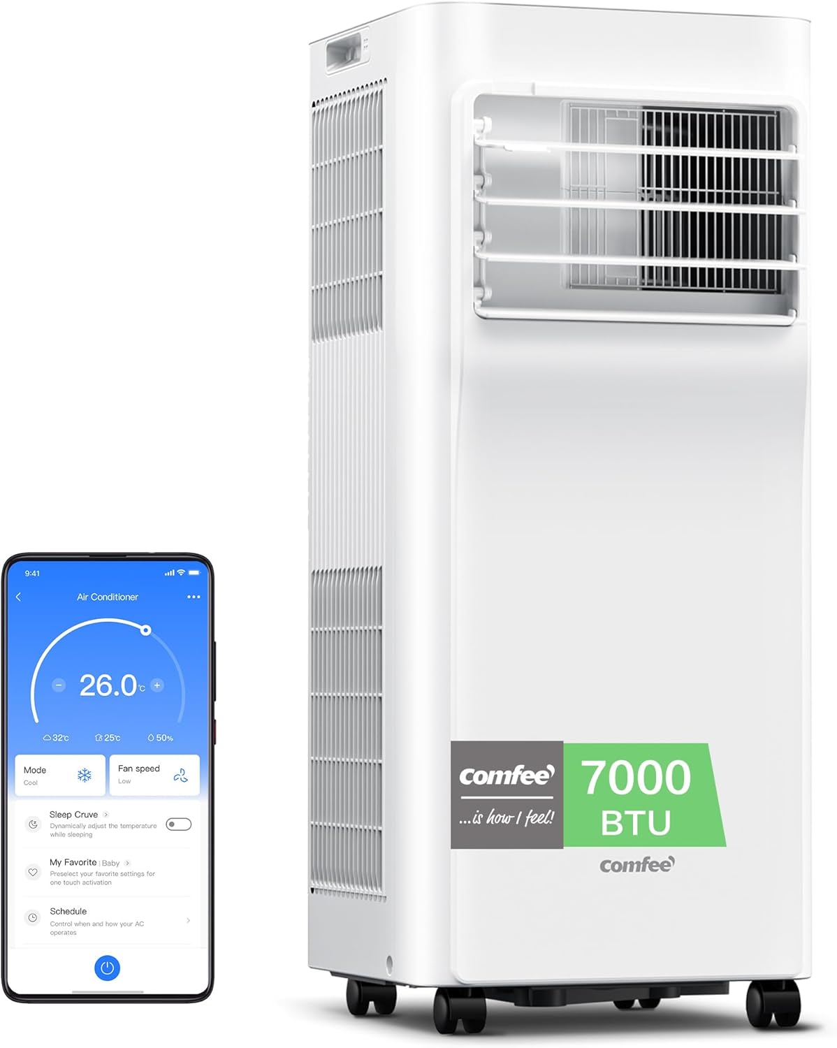 COMFEE' Climatiseur Mobile 9000 BTU/h 2,6kW, 3-EN-1 Refroidisseur Déshumidificateur Ventilateur, Fonction Follow me, Minuterie, Mode nuit, Pour salon et maison de 33©O/88m3, MPPH-09CRN7, R290