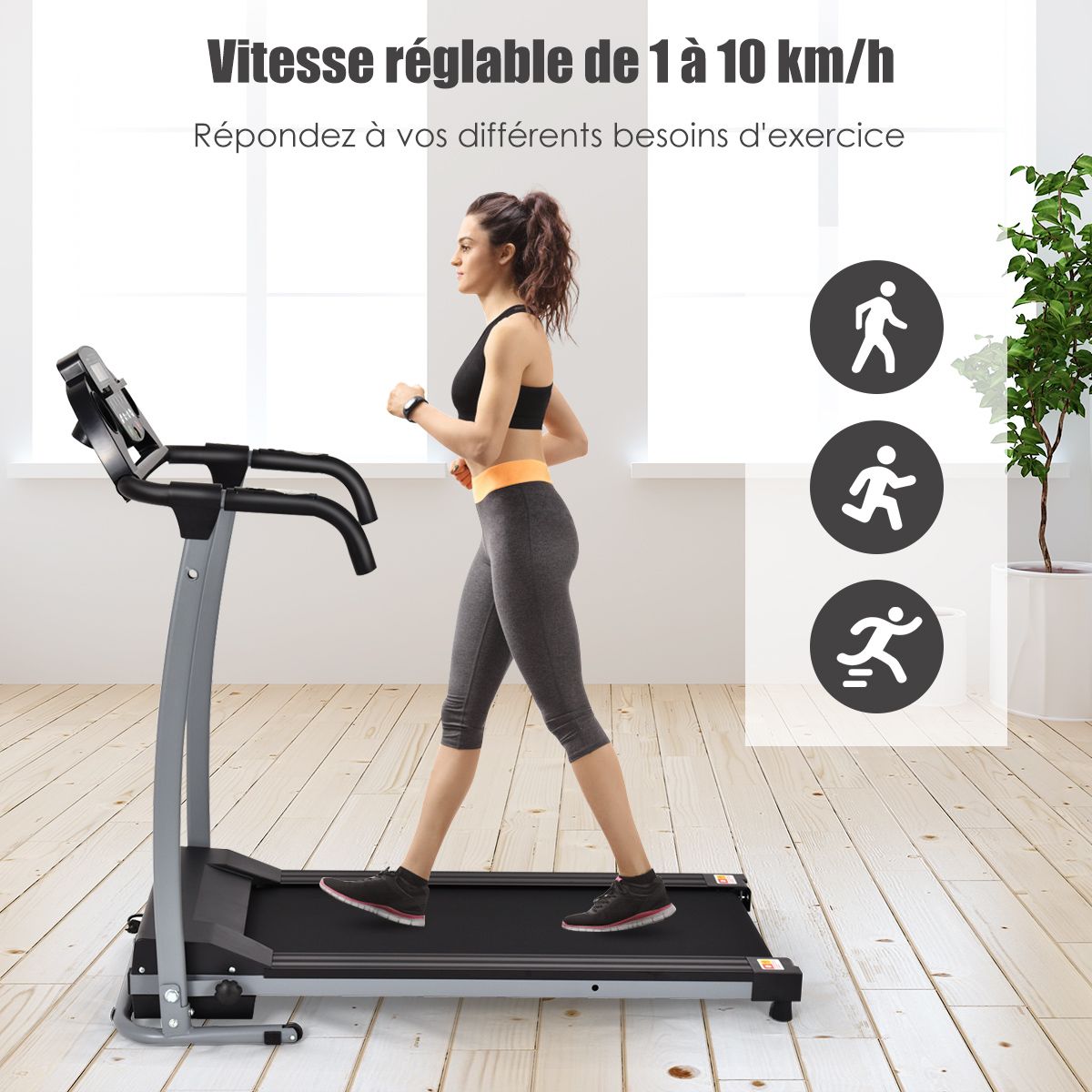 Tapis de Course électrique Pliable avec écran et Moniteur de Fréquence Cardiaque avec Vitesse de 1 à 10 km/h et 12 Programmes Noir
