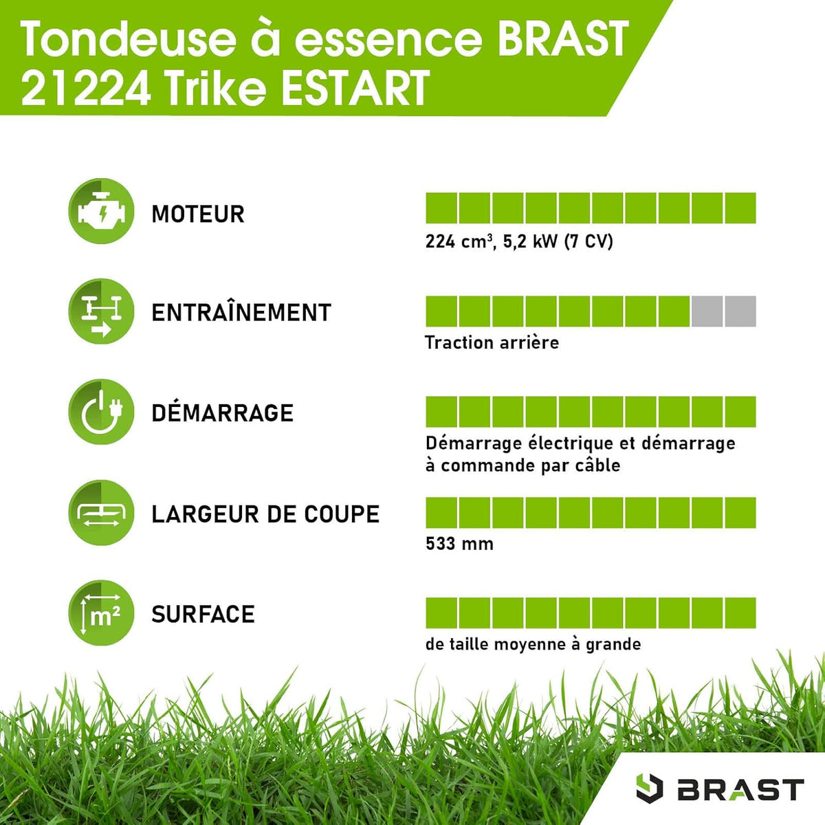 BRAST tondeuse thermique 3 roues TRIKE E-START 224cc 53cm tractée démarrage électrique mulching 4en1 capot en t?le en acier 60l - moteur 4 temps de la marque fran?aise GT reglable