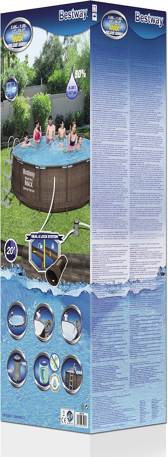Bestway Power Steel Deluxe Piscine tubulaire ronde avec cadre en acier solide Kit complet Aspect rotin 366 x 100 cm, Marron