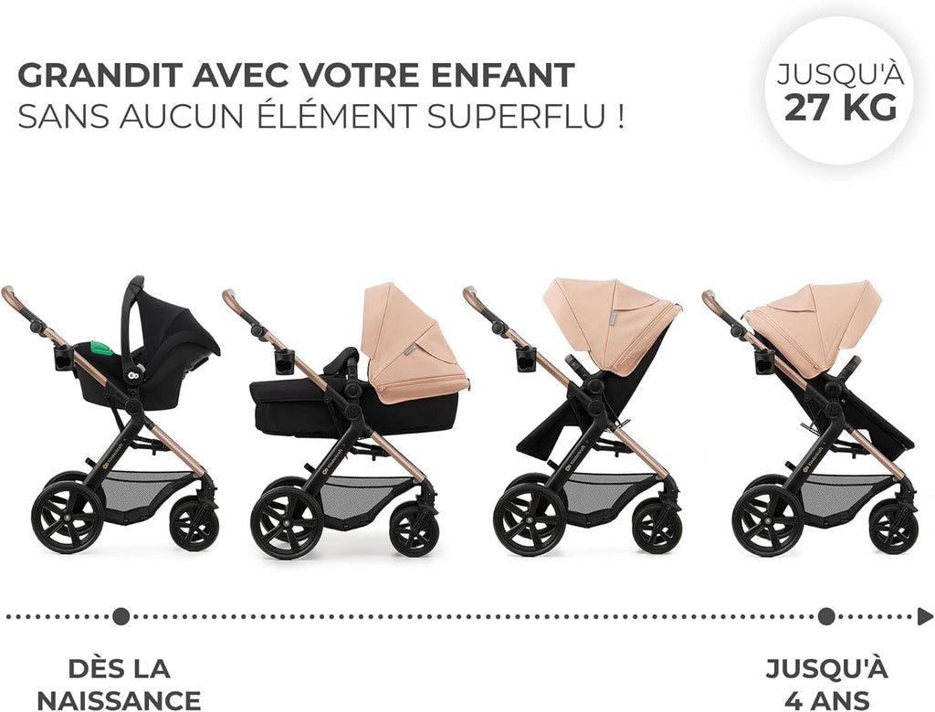 Kinderkraft MOOV2 Poussette 3 en 1, Système de voyage de la naissance à 27 kg, Siège auto Mink PRO I-Size inclus, Capote extensible avec filtre UPF50+, Accessoires pratiques, Gris