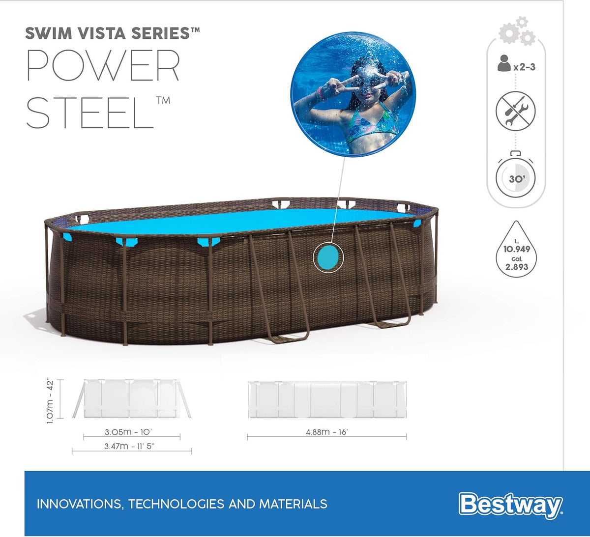 Bestway 56946 Piscine Power Steel? Swim Vista ovale 488 x 305 x 107 cm motif rotin avec hublots, filtration à sable, échelle, bache et diffuseur Chemconnect?