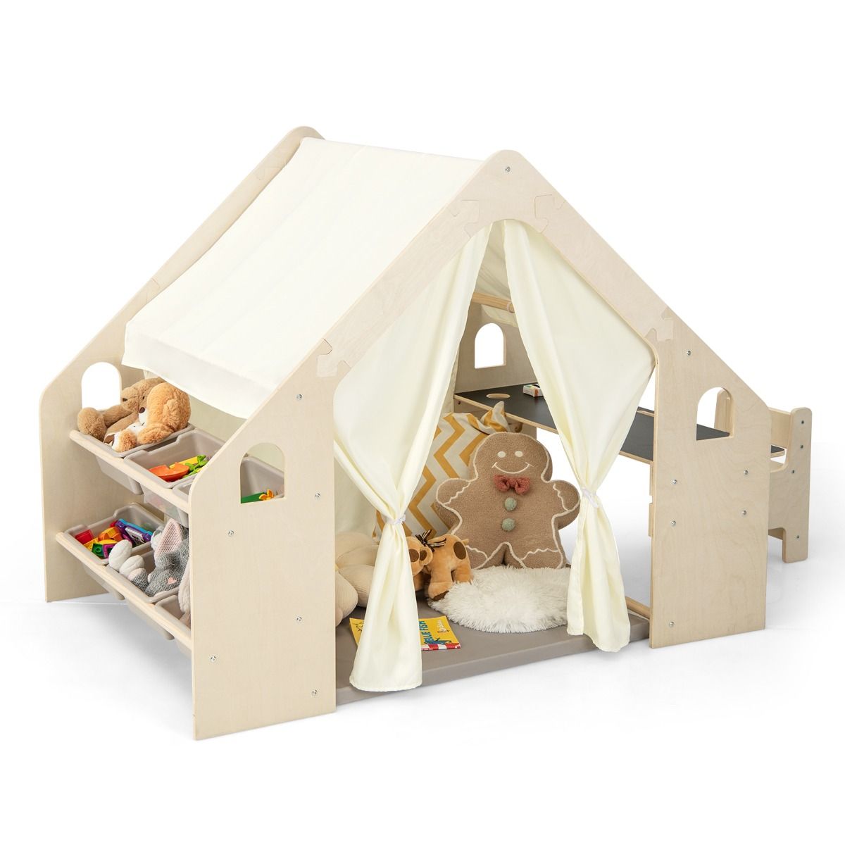 Tente de Jeu d'Intérieur en Bois pour Enfants 6 en 1 Tableau Noir Table Chaise 6 Bacs de Rangement Coussin de Sol Maison de Jeu pour 2-6 ans Beige