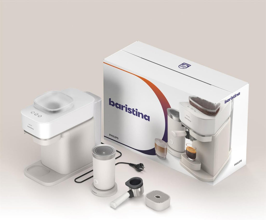 Philips Baristina Machine à expresso - Un véritable expresso, en toute simplicité - Compacte - 16 bars de pression - Broyeur intégré - Machine blanche avec porte-filtre blanc (BAR300/00)