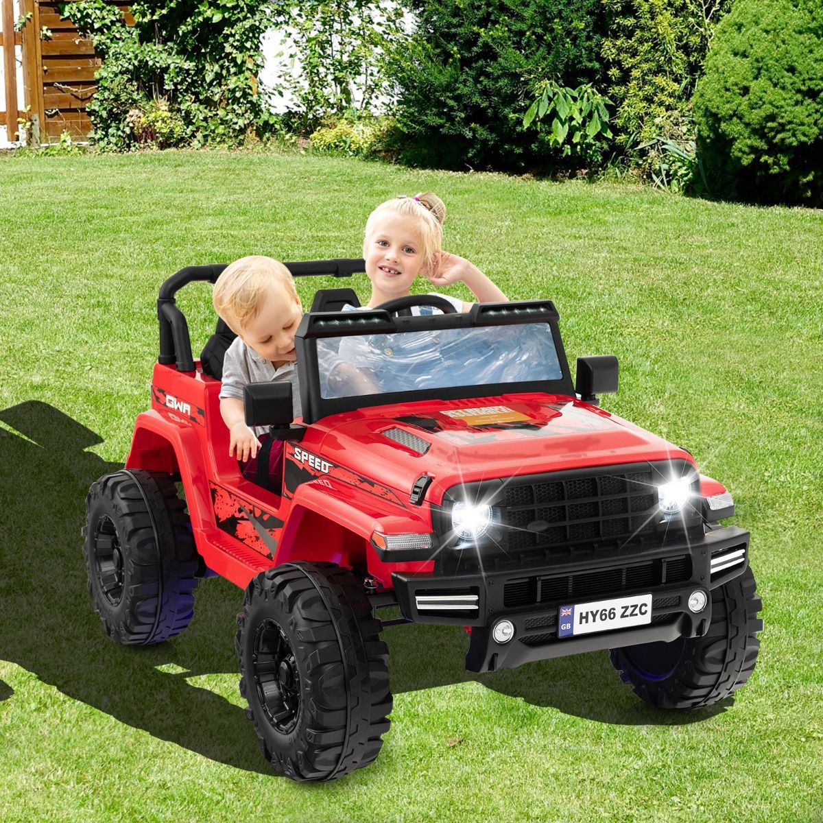 24V Voiture électrique 2 Places Enfants avec Télécommande 2,4G Musique LED Démarrage Lent 2 Vitesses Charge 35kg pour 3-8 Ans+ Rouge/Rose/Vert