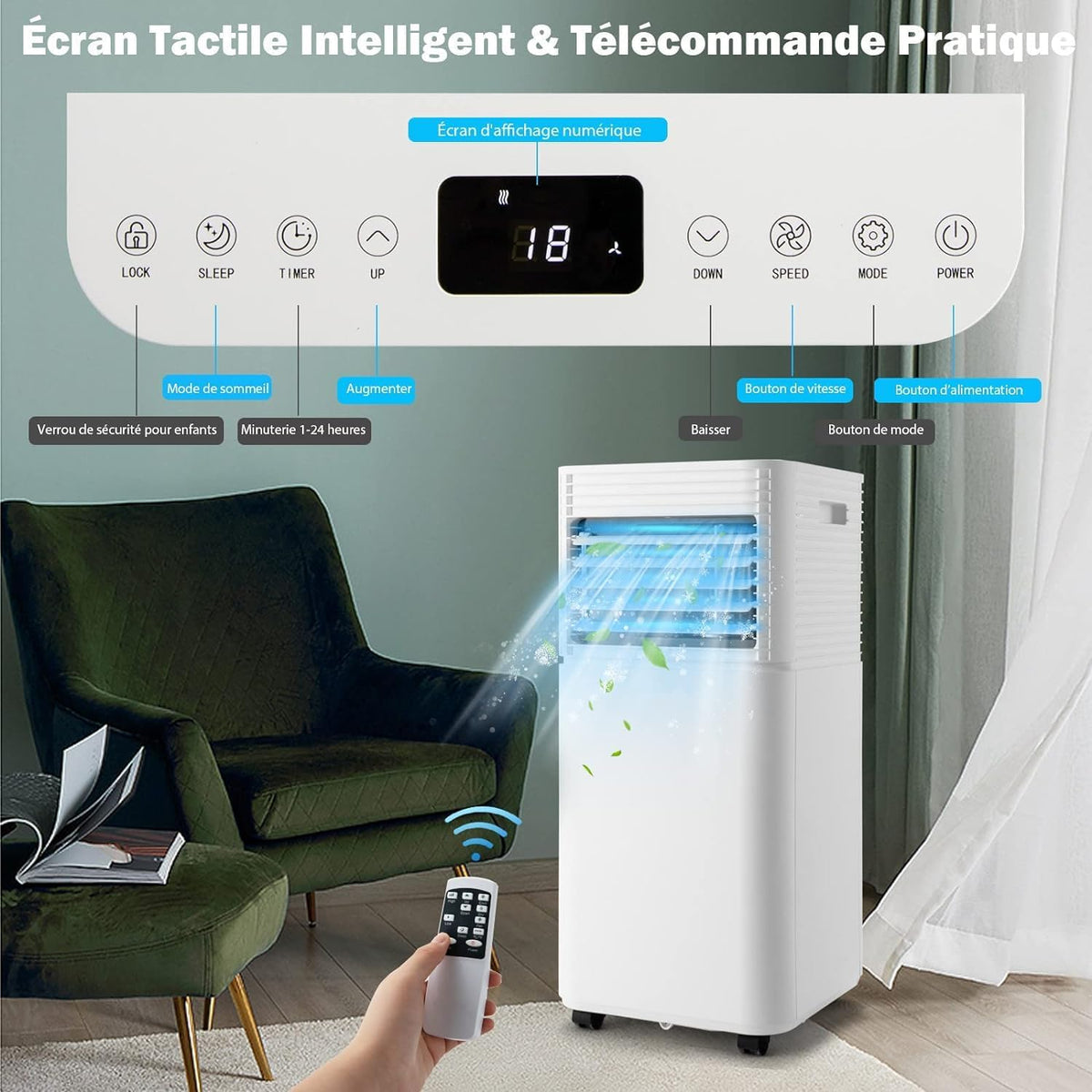 GOPLUS Climatiseur Mobile 9000BTU 2,6kW, Climatiseur 4 en 1 Fonction de Refroidissement, Déshumidification, Ventilation, Mode Nuit, Minuterie 24H, Contr?le Télécommande/écran, 20©O, Noir, R290