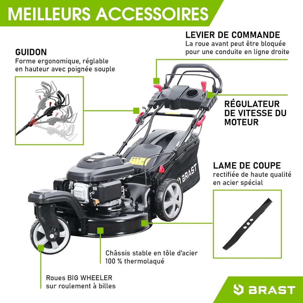 BRAST tondeuse thermique 3 roues TRIKE E-START 224cc 53cm tractée démarrage électrique mulching 4en1 capot en t?le en acier 60l - moteur 4 temps de la marque fran?aise GT reglable