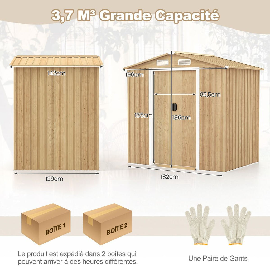 Abri de Jardin 2.3©O en Acier Galvanisé Anti-UV 196x142x186cm Cabane de Jardin Exterieur 3.7m3 avec Porte Coulissante Rampe Naturel