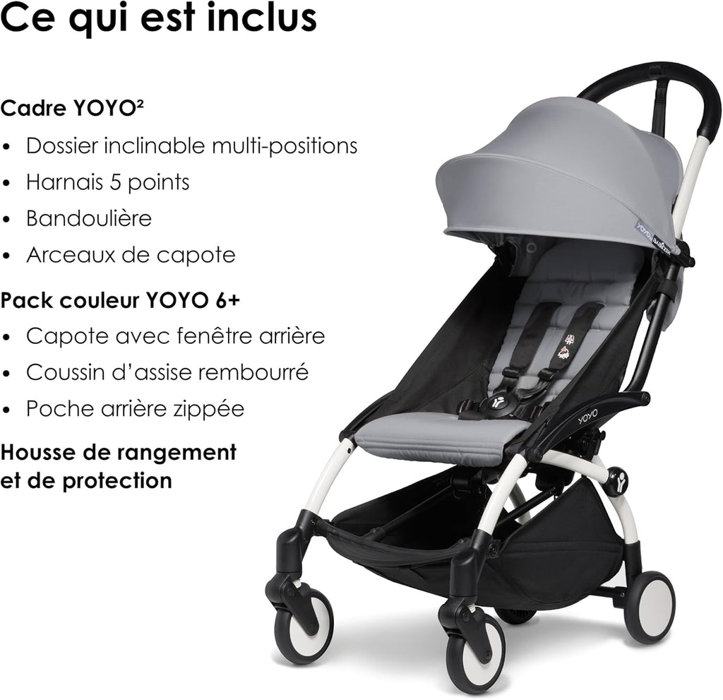 Poussette BABYZEN YOYO2 6+ (Cadre noir + pack couleur Aqua) - Comprend un harnais, un dossier, des arceaux de capote, une bandoulière, un coussin d’assise, et une capote assortie