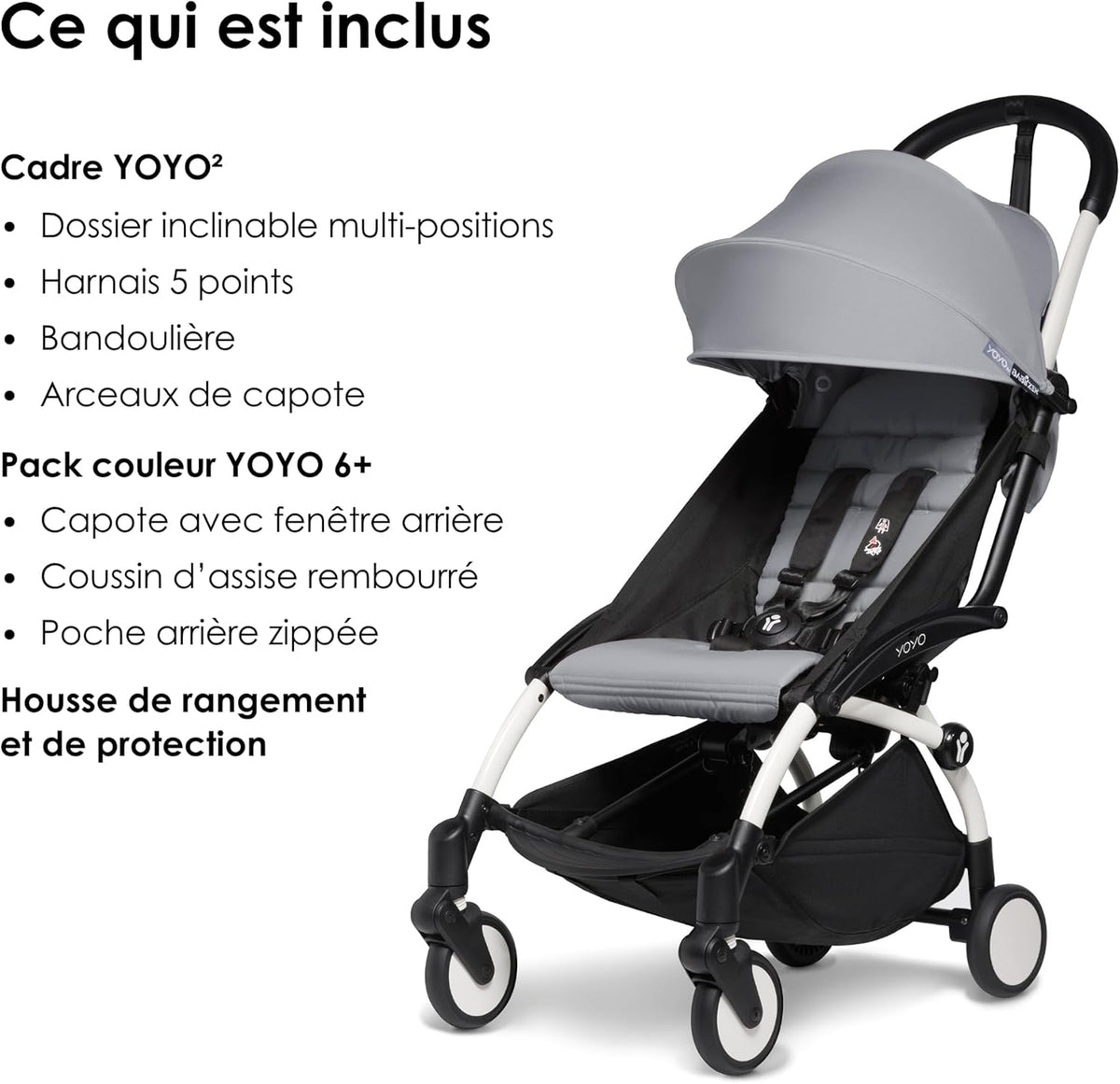 Poussette BABYZEN YOYO2 6+ (Cadre noir + pack couleur Aqua) - Comprend un harnais, un dossier, des arceaux de capote, une bandoulière, un coussin d’assise, et une capote assortie