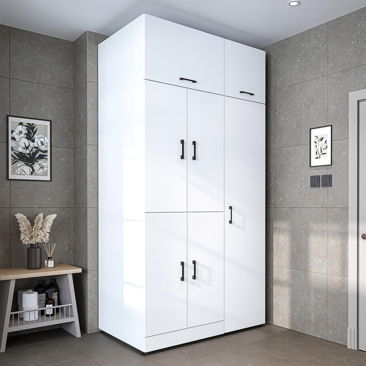 ROOMART Dora - Armoire de machine à laver - Pour sèche-linge et machine à laver - En 4 couleurs - Avec portes et panneau coulissant - Blanc - Chêne blanc - Chêne anthracite - Chêne blanc (chêne blanc)