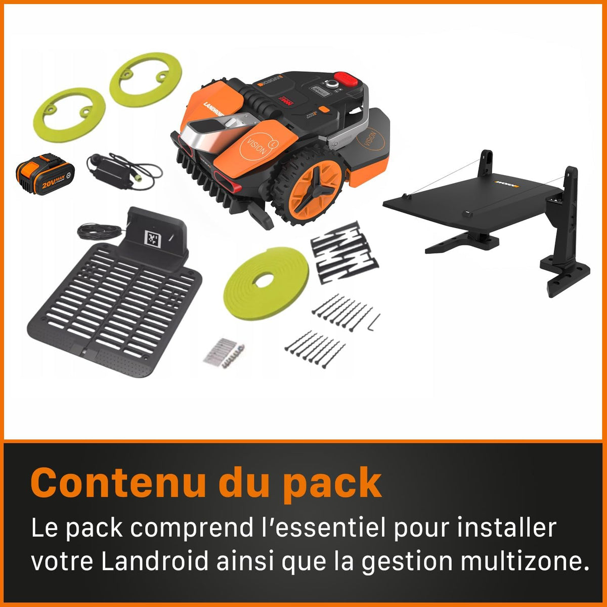 WORX LANDROID Vision WR206E.1, Robot Tondeuse sans Fil périphérique 600 m2 Surf.Max 700 m2, Installation en 30 Min, Caméra 4K + IA Adaptative, évite Tous Les Obstacles, Coupe des Bordures, Multizone