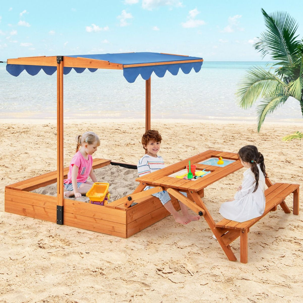 Bac à Sable en Bois pour Enfants avec Couvercle Aire de Jeux avec Table Sensorielle Pliable & Banc Parasol Ajustable pour 3+ Ans Naturel