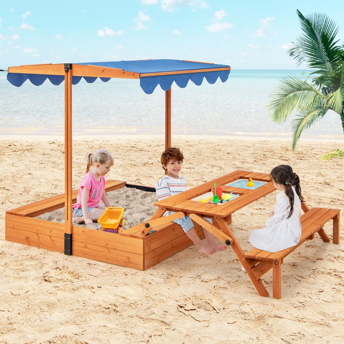 Bac à Sable en Bois pour Enfants avec Couvercle Aire de Jeux avec Table Sensorielle Pliable & Banc Parasol Ajustable pour 3+ Ans Naturel