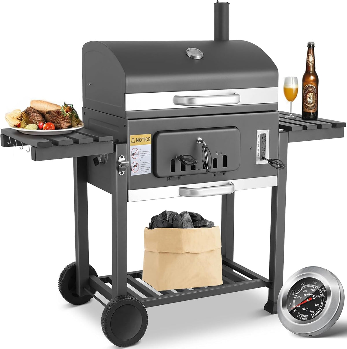 Barbecue Charbon de Bois XL, Chariot à Barbecue, Grill XL à Charbon avec Couvercle, Roues et Thermomètre, Réglable en Hauteur, Grand Barbecue au Charbon de Bois, pour Camping et Jardin, Noir