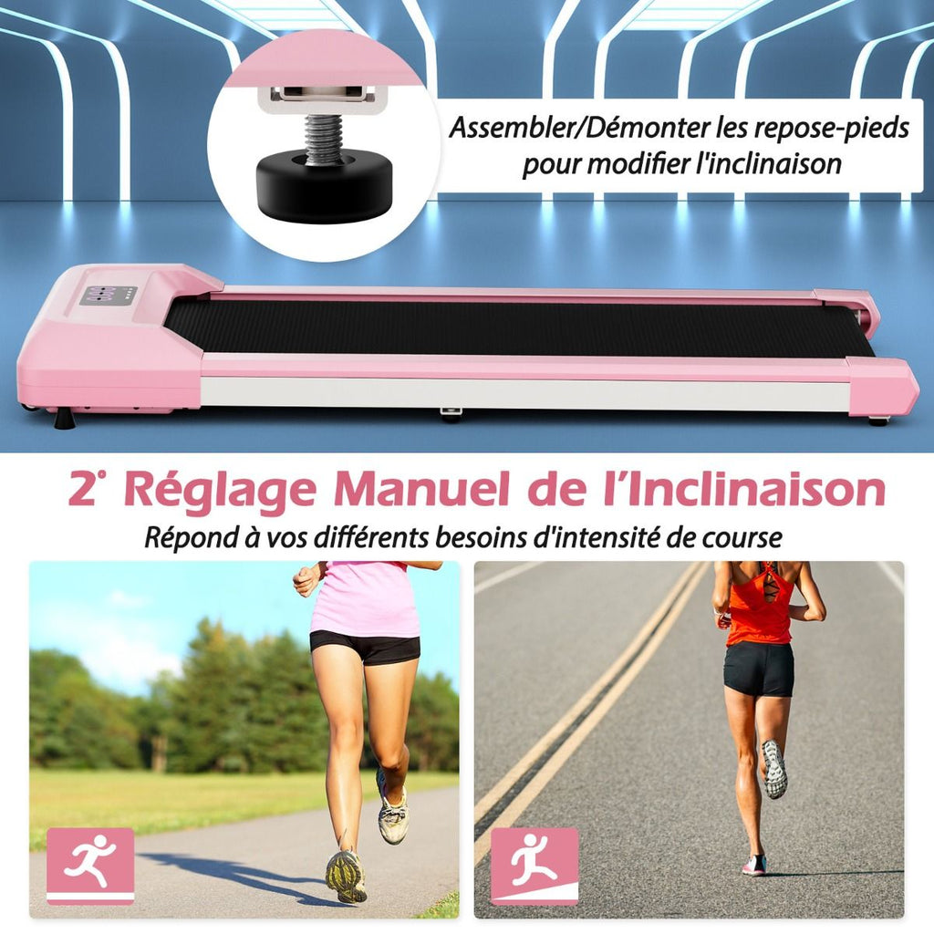 Tapis de Course Mince Tapis de Jogging avec Capacité de 120 Kg Télécommande et écran Led Inclinable à Roulettes Tapis de Course à Glisser Gris/Noir/Rose