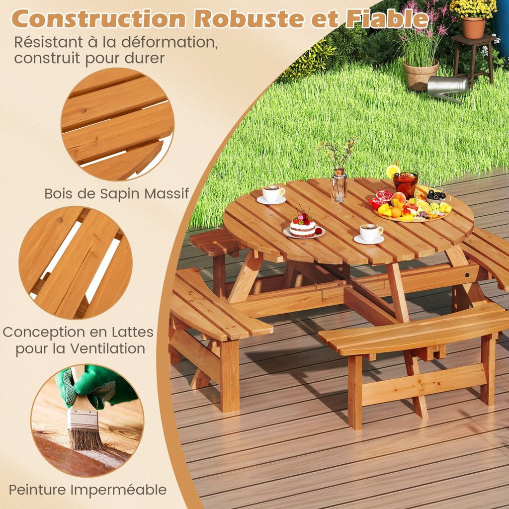 Ensemble Table de Pique-Nique en Bois pour 2 à 8 Personnes Set Table et Banc Circulaire avec 4 Bancs Intégrés Trou de Parasol de 5cm Marron/Jaune