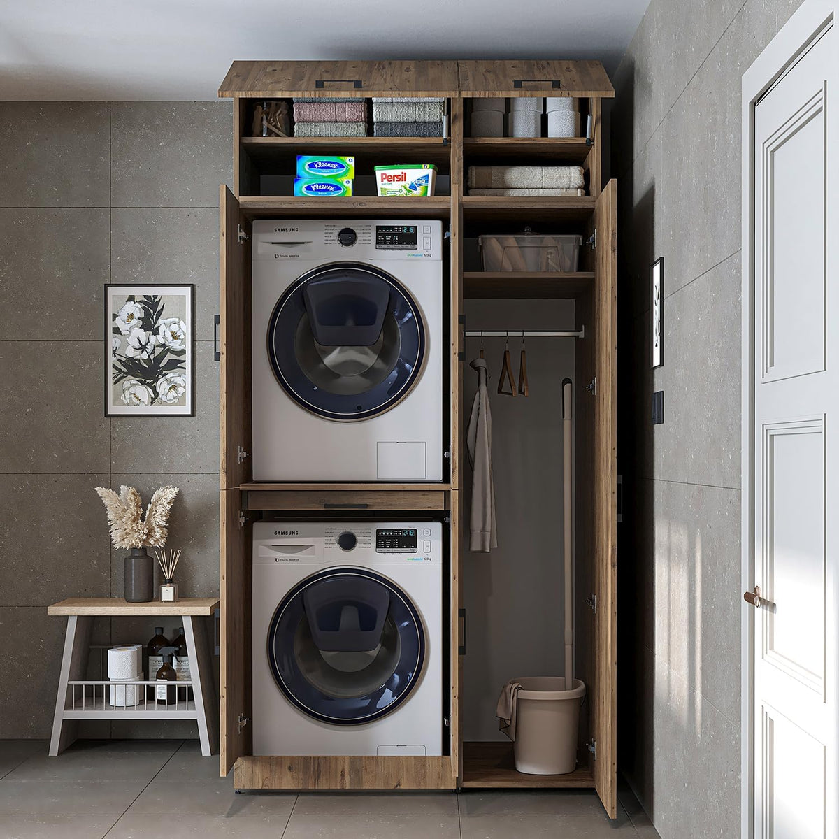 ROOMART Dora - Armoire de machine à laver - Pour sèche-linge et machine à laver - En 4 couleurs - Avec portes et panneau coulissant - Blanc - Chêne blanc - Chêne anthracite - Chêne blanc (chêne blanc)