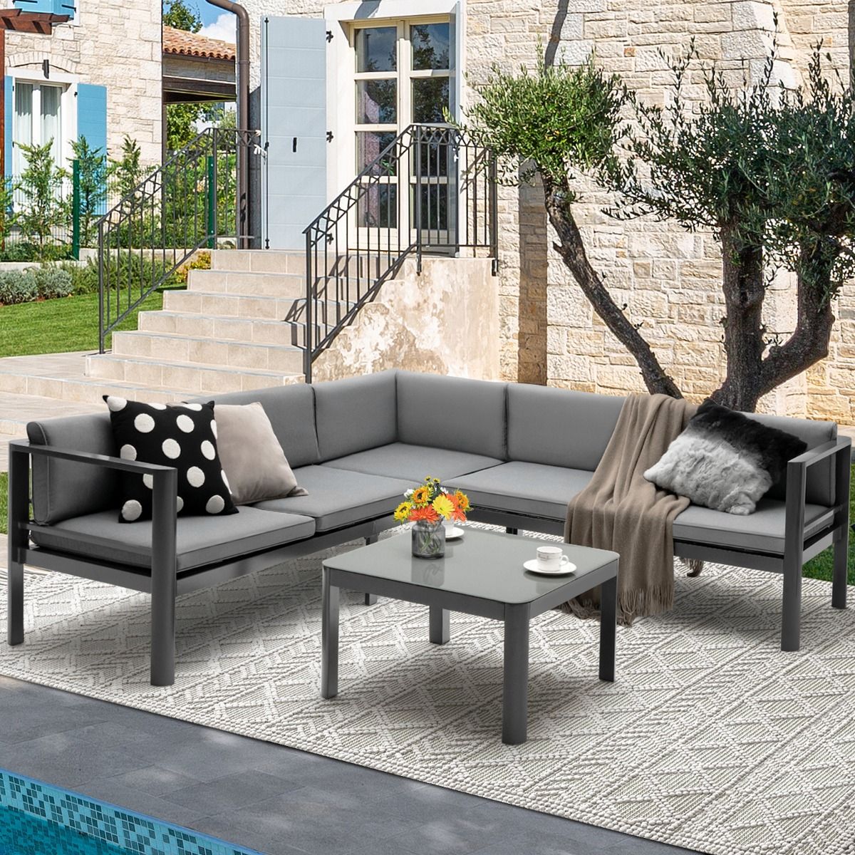 Salon de Jardin Extérieur avec Table Basse en Verre Trempé Canapéavec Dossier Inclinable à 6 Niveaux Coussins Inclus Gris