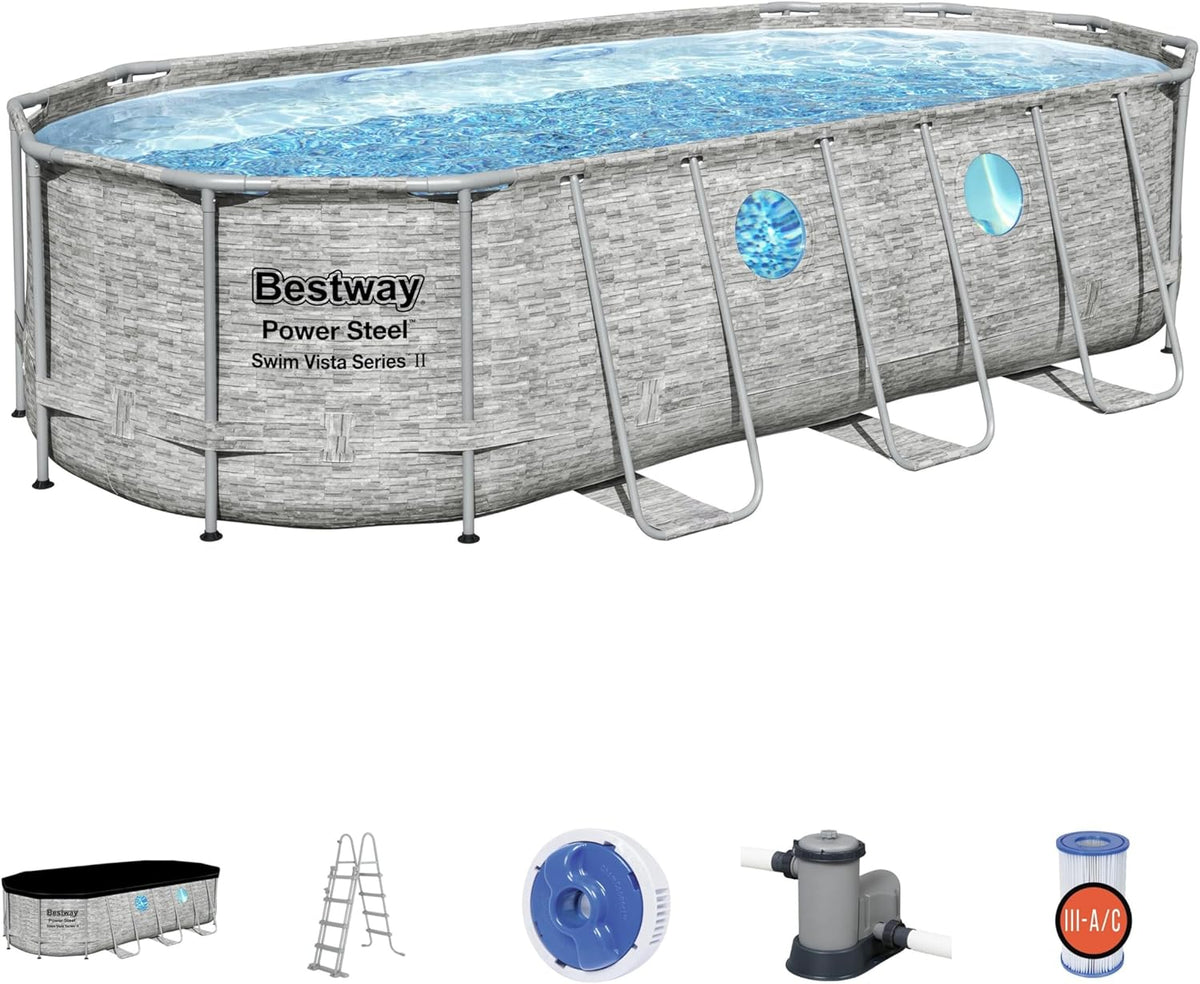 Bestway 56946 Piscine Power Steel? Swim Vista ovale 488 x 305 x 107 cm motif rotin avec hublots, filtration à sable, échelle, bache et diffuseur Chemconnect?