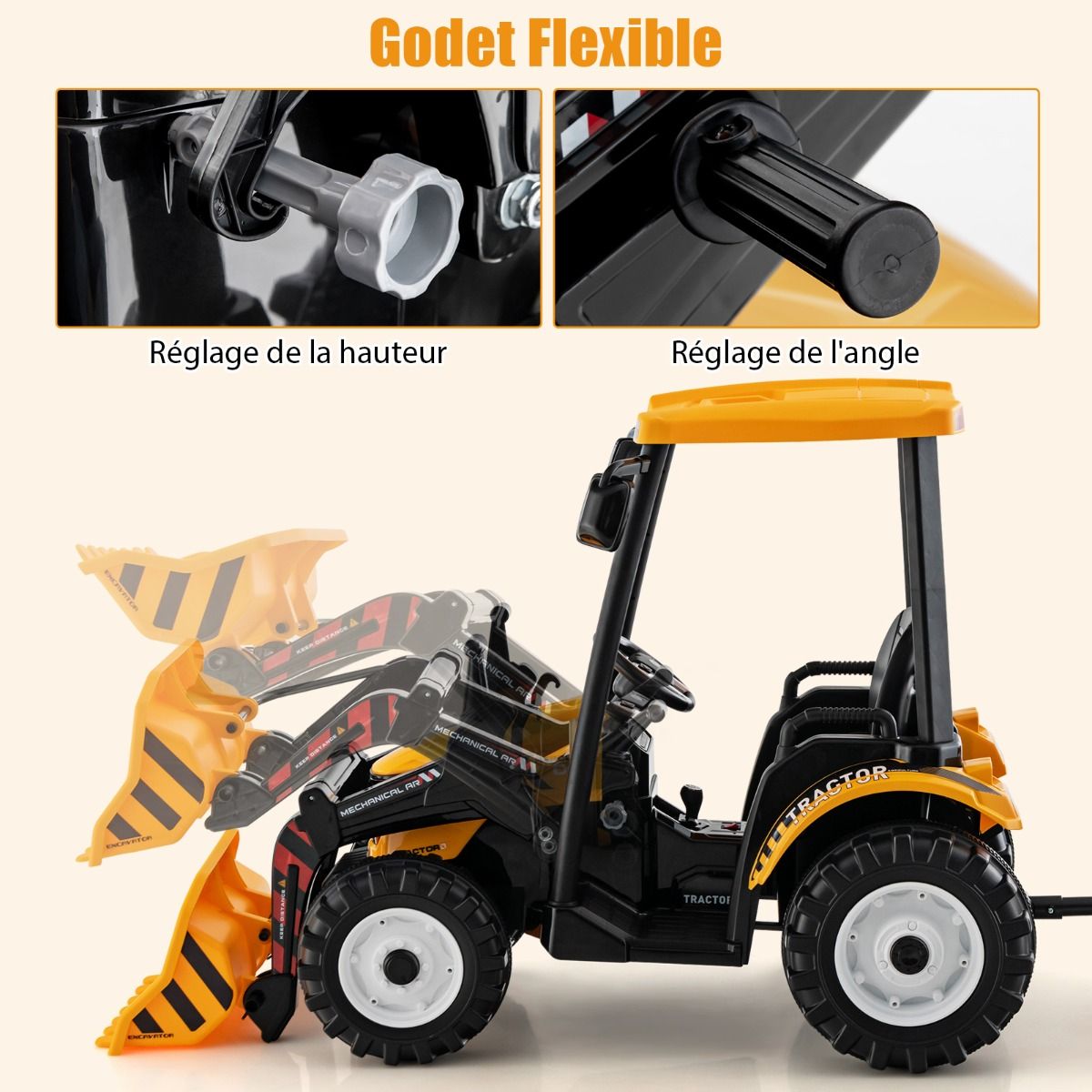 12V Tracteur électrique Enfants avec Pelle&Remorque Amovible Véhicule électrique à 6 Roues avec Télécommande & Musique 3-6 km/h pour 3-8 Ans Jaune/Vert