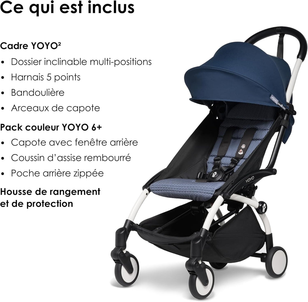 Poussette BABYZEN YOYO2 6+ (Cadre noir + pack couleur Aqua) - Comprend un harnais, un dossier, des arceaux de capote, une bandoulière, un coussin d’assise, et une capote assortie