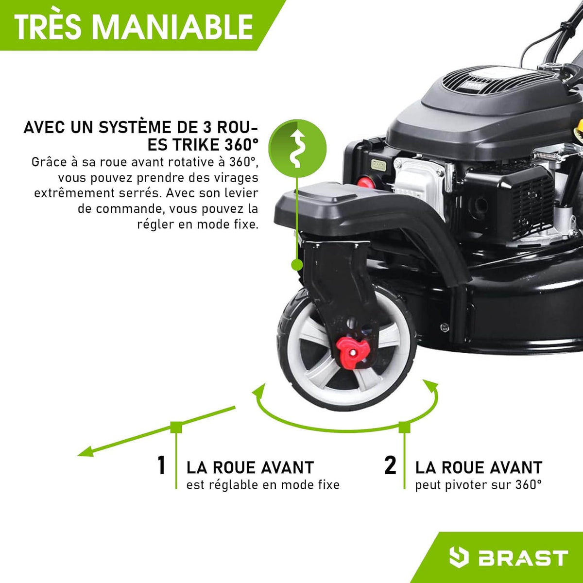 BRAST tondeuse thermique 3 roues TRIKE E-START 224cc 53cm tractée démarrage électrique mulching 4en1 capot en t?le en acier 60l - moteur 4 temps de la marque fran?aise GT reglable