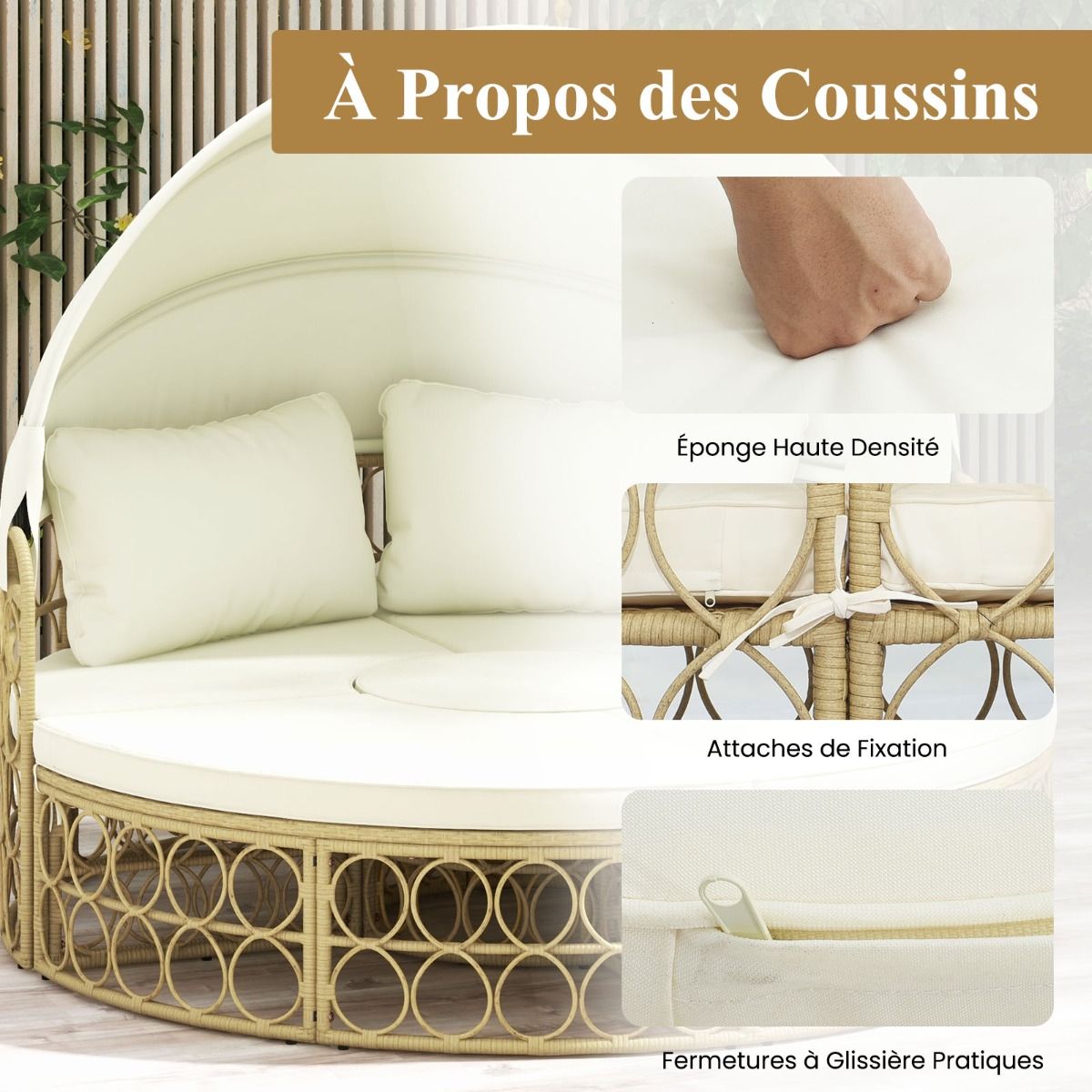 Lit de Repos Rond pour Patio avec Auvent Rétractable Ensemble de Siège Sectionnels Séparés en Rotin PE avec Coussins Doux Blanc