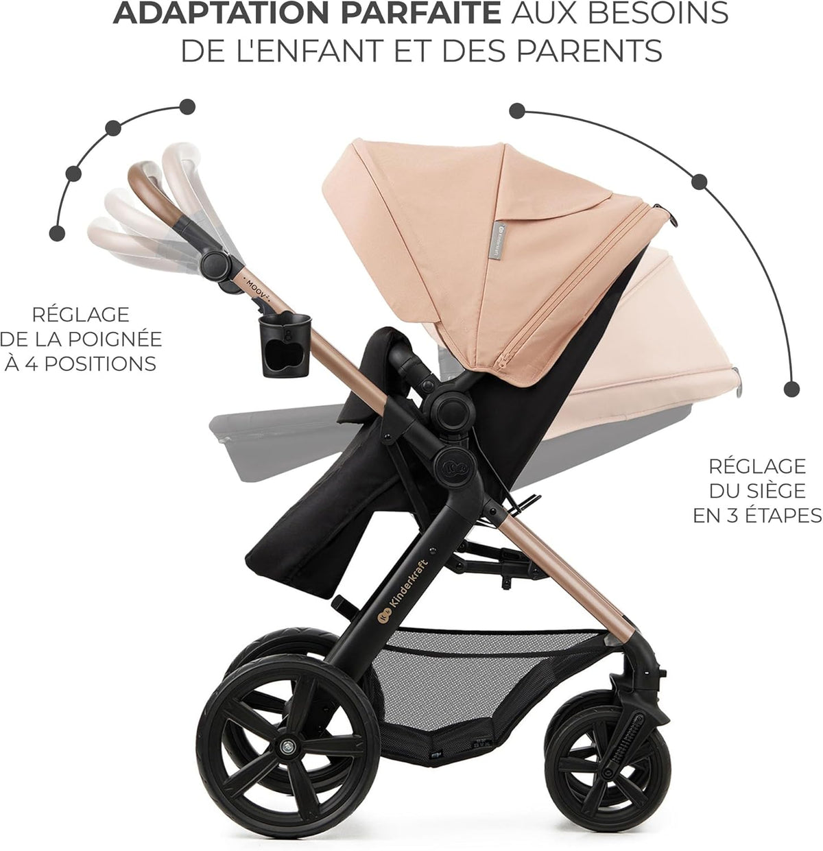 Kinderkraft MOOV2 Poussette 3 en 1, Système de voyage de la naissance à 27 kg, Siège auto Mink PRO I-Size inclus, Capote extensible avec filtre UPF50+, Accessoires pratiques, Gris