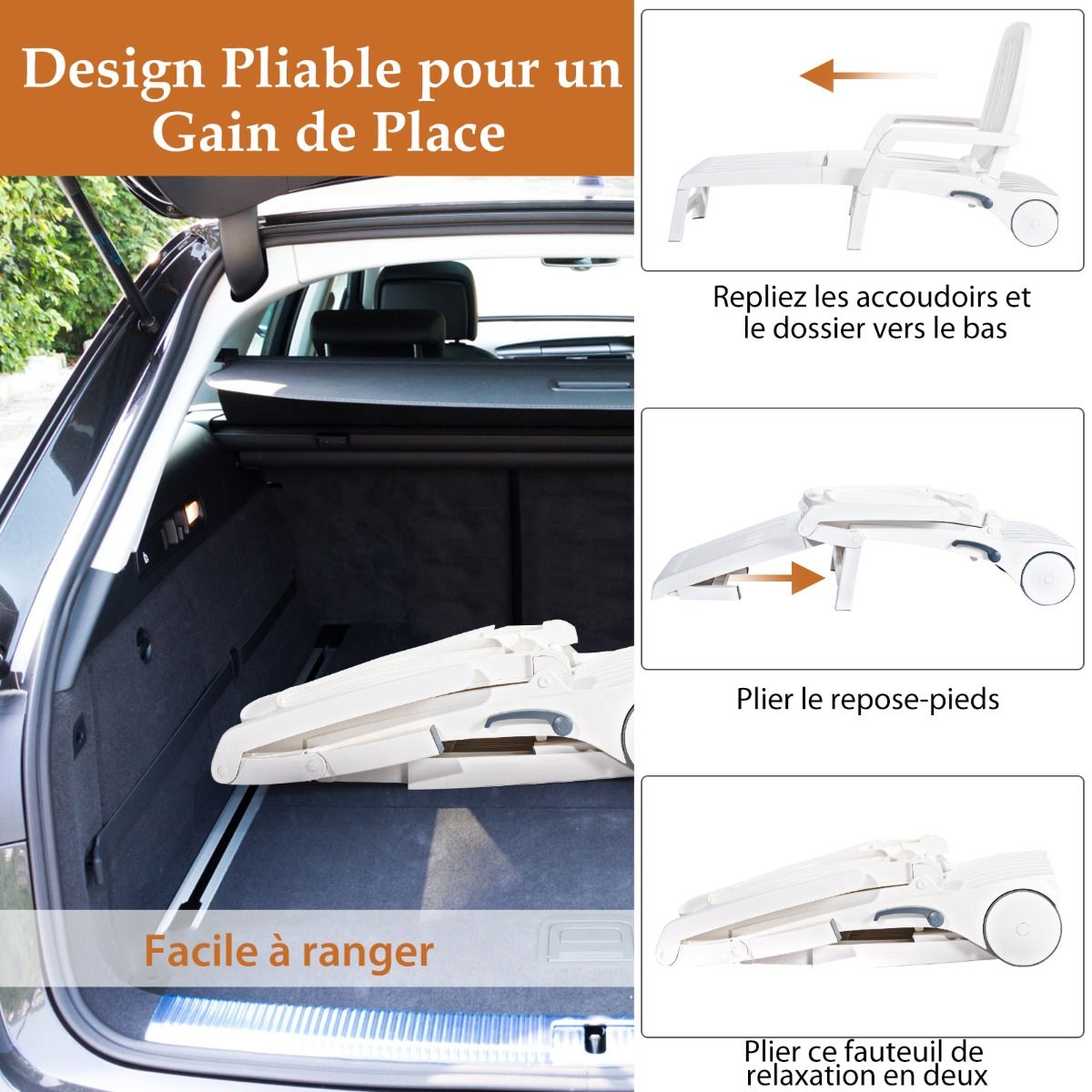 Chaise Longue Inclinable Réglable à 5 Positions avec Roues Flexibles Fauteuil Relax de Camping avec Bo?te de Rangement Charge 150KG Blanc