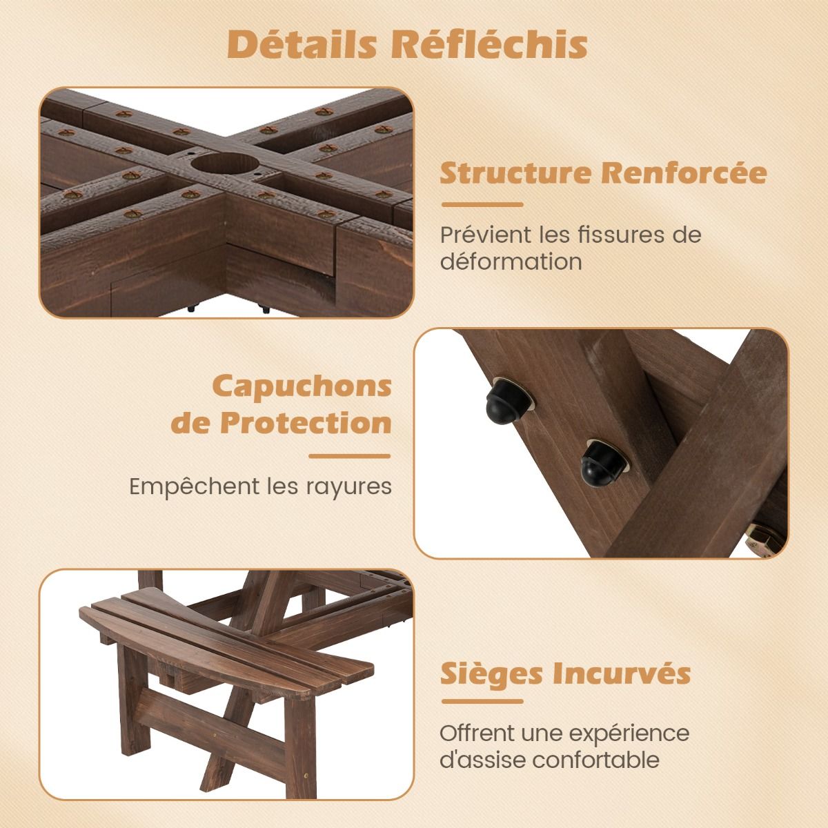 Ensemble Table de Pique-Nique en Bois pour 2 à 8 Personnes Set Table et Banc Circulaire avec 4 Bancs Intégrés Trou de Parasol de 5cm Marron/Jaune