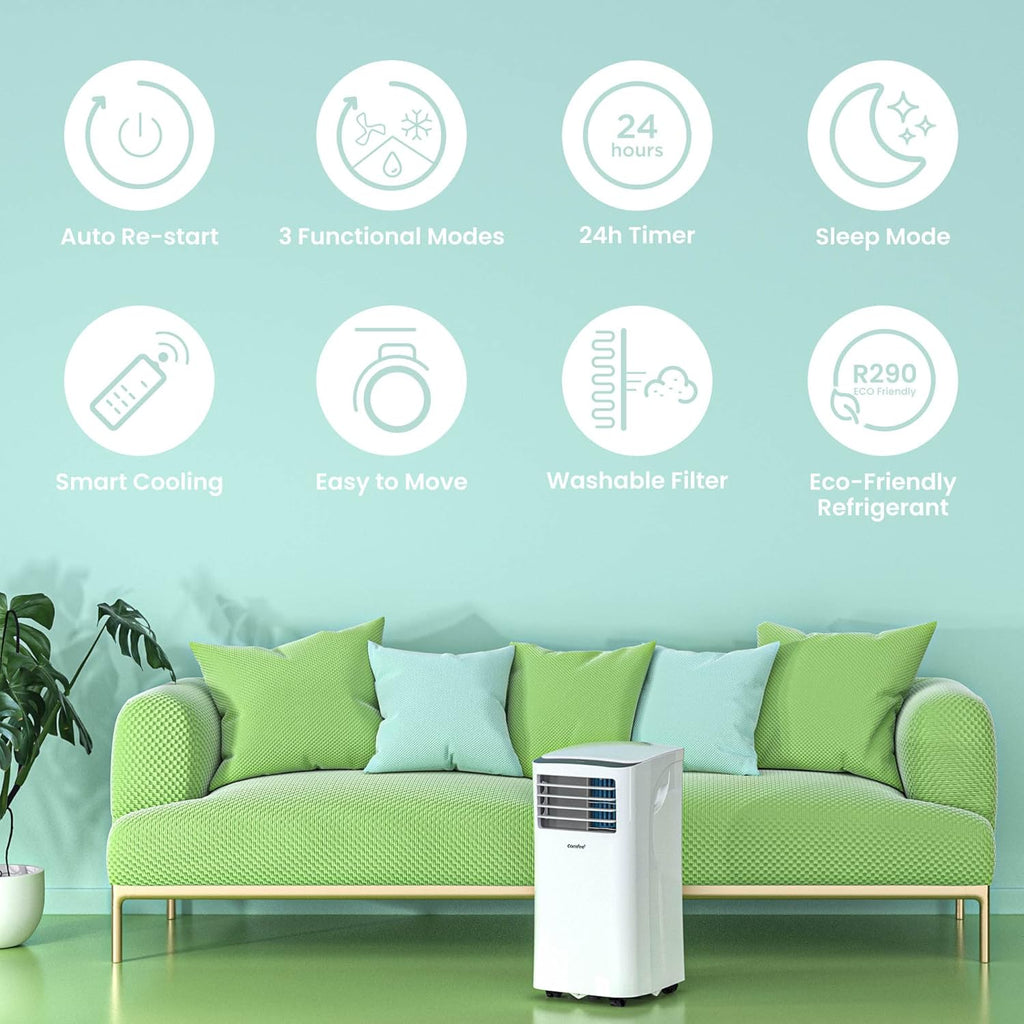 COMFEE' Climatiseur Mobile 9000 BTU/h 2,6kW, 3-EN-1 Refroidisseur Déshumidificateur Ventilateur, Fonction Follow me, Minuterie, Mode nuit, Pour salon et maison de 33©O/88m3, MPPH-09CRN7, R290
