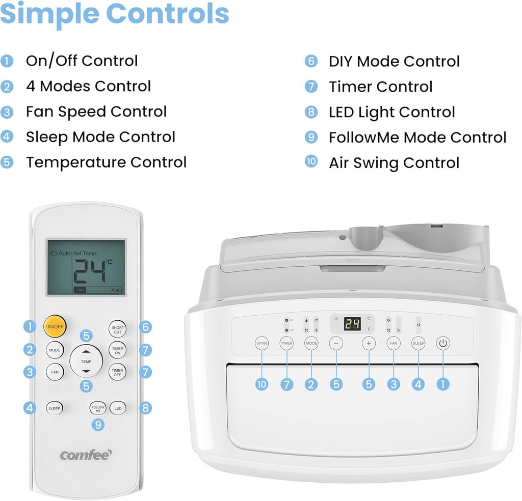 COMFEE' Climatiseur Mobile 9000 BTU/h 2,6kW, 3-EN-1 Refroidisseur Déshumidificateur Ventilateur, Fonction Follow me, Minuterie, Mode nuit, Pour salon et maison de 33©O/88m3, MPPH-09CRN7, R290
