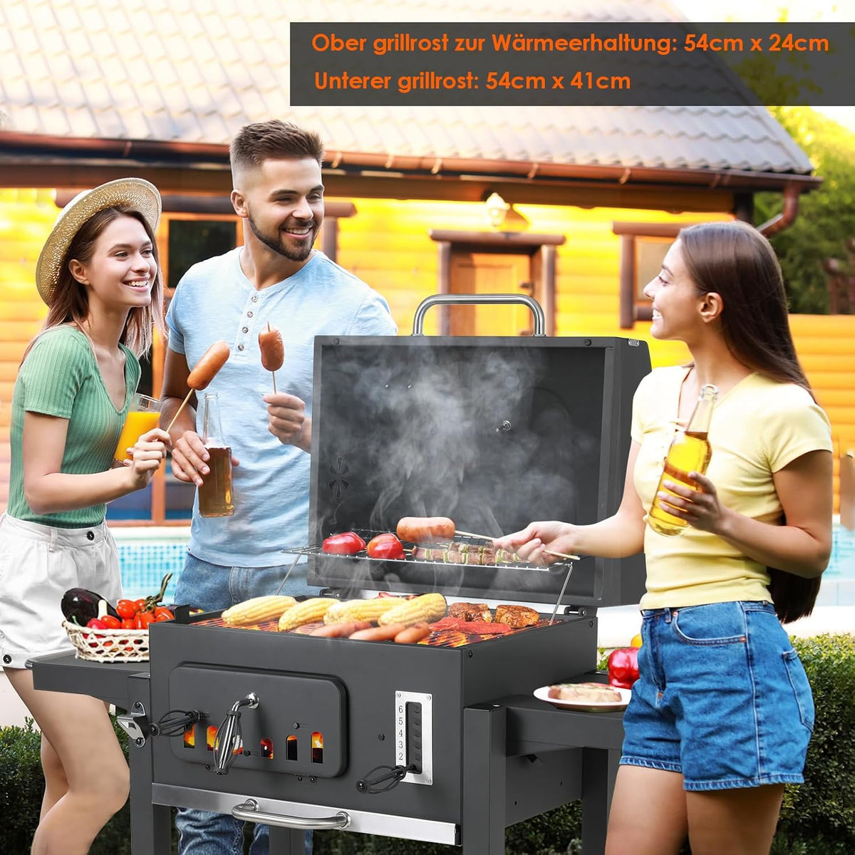 Barbecue Charbon de Bois XL, Chariot à Barbecue, Grill XL à Charbon avec Couvercle, Roues et Thermomètre, Réglable en Hauteur, Grand Barbecue au Charbon de Bois, pour Camping et Jardin, Noir