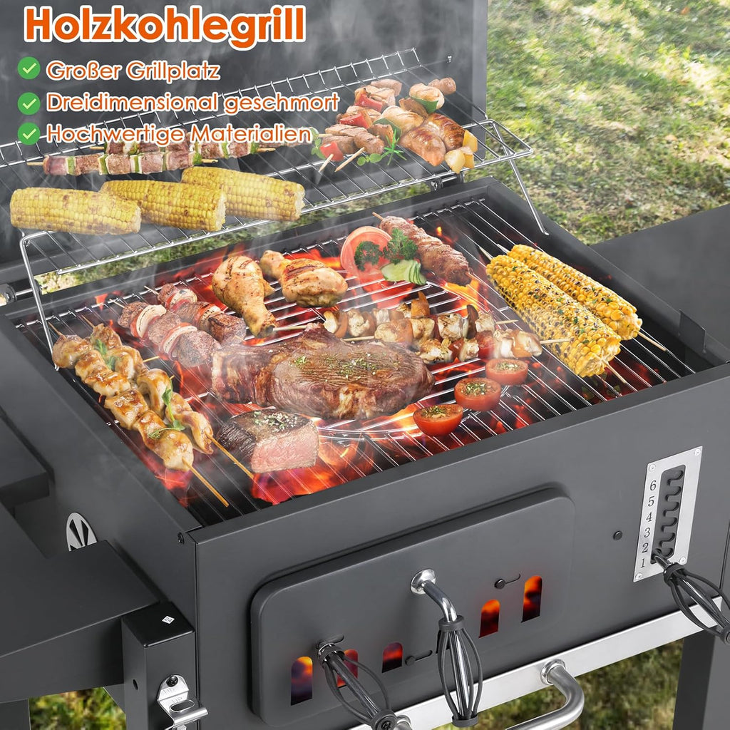 Barbecue Charbon de Bois XL, Chariot à Barbecue, Grill XL à Charbon avec Couvercle, Roues et Thermomètre, Réglable en Hauteur, Grand Barbecue au Charbon de Bois, pour Camping et Jardin, Noir