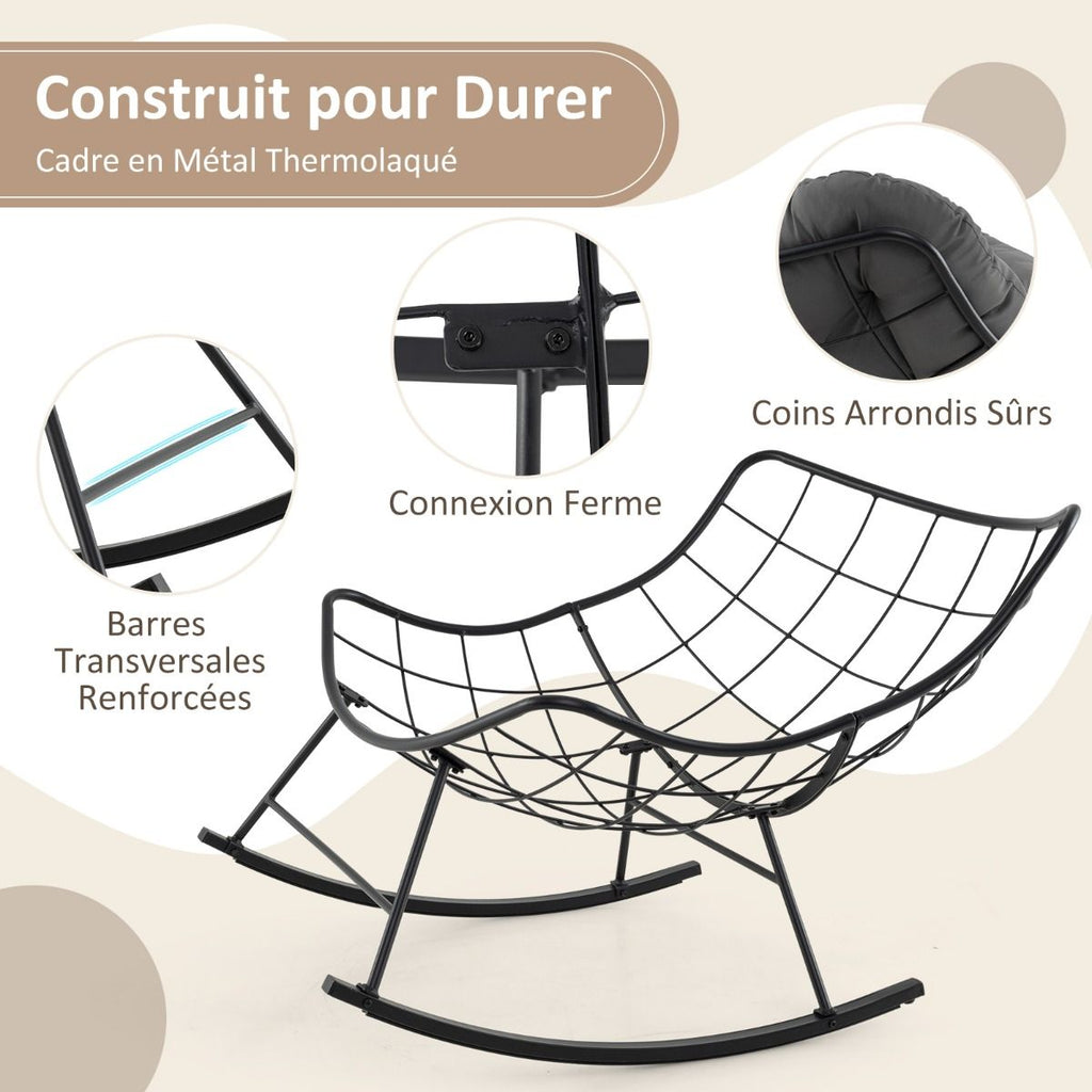 Chaise à Bascule d'Intérieur et d'Extérieur Chaise Papasan Surdimensionnée avec Coussin Rembourré & Cadre en Métal Capacité 205 Kg Gris