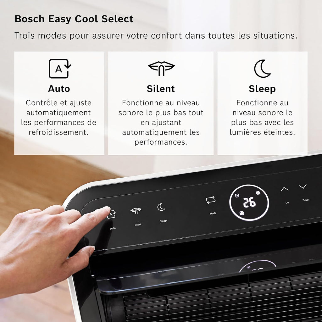 Bosch Cool 4000 Portable AC - 3 en 1 : Climatiseur, Déshumidificateur, Ventilateur - 2,6 kW pour les pièces jusqu'à 35m2 - Avec Mode Auto, Mode Silencieux et Mode Veille (48 db (A)) [Classe A+]