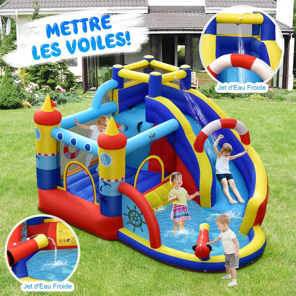 Chateau Gonflable Style Bateau avec Toboggan Incurvé Zone de Saut Mur d'Escalade avec Gonfleur 450 W